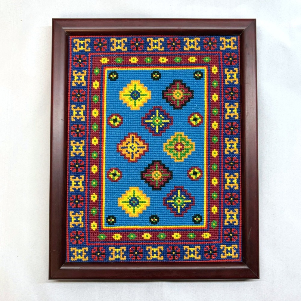 Handmade Needlepoint Wall Art Unisex Small Blue Vintage Geometric Framed Good